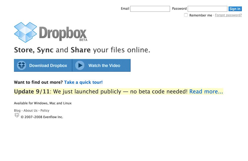 Главная страница Dropbox в 2008 году: скачать программу или посмотреть, как она работает. Архив UX Timeline.