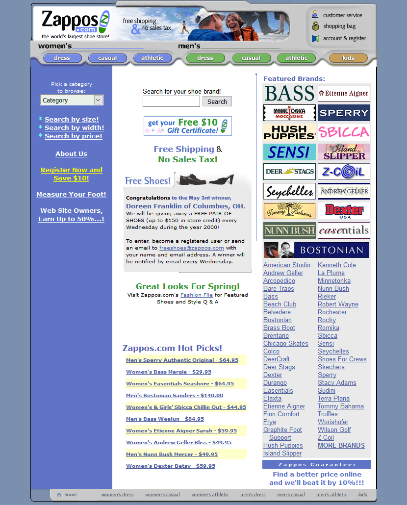 Сайт Zappos в 2000 году. Архив Web Design Museum.